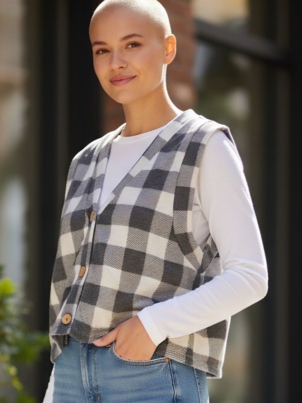 GAZE. Buffalo Check Button-Front Vest in Gray & White
